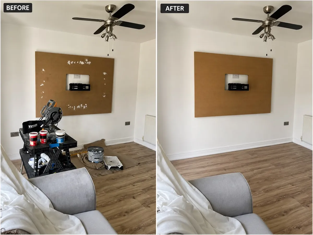 After builders cleaning of living room following decorating, before and after, Manchester