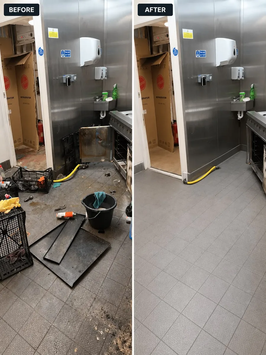 After builders deep clean of commercial kitchen, before and after, Manchester
