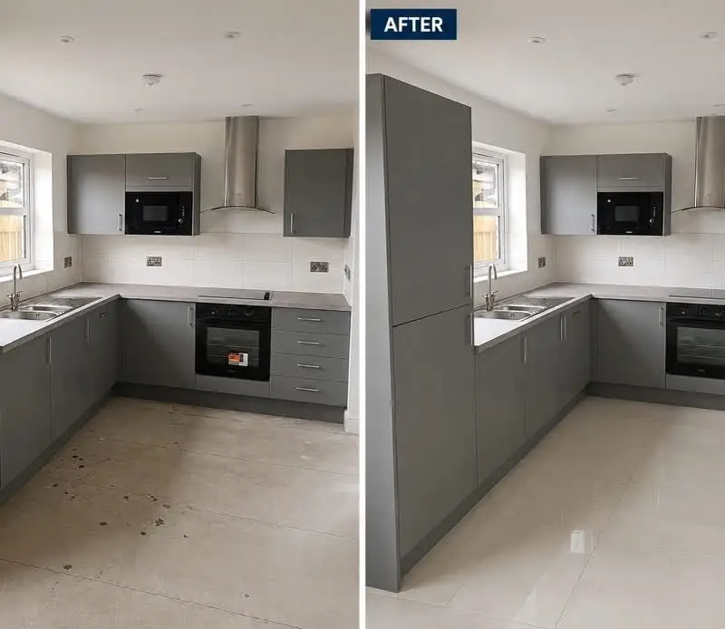Cleaning after building work in a renovated Manchester kitchen
