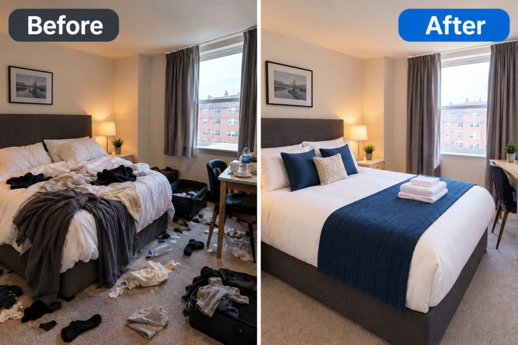 Airbnb cleaning Manchester before and after bedroom cleaning