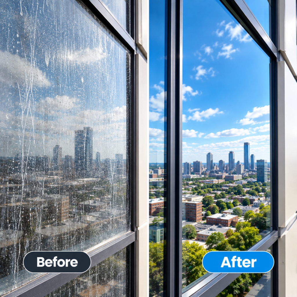 Before and after external window cleaning in Manchester showing dirty and streak-free windows by MSG Cleaners
