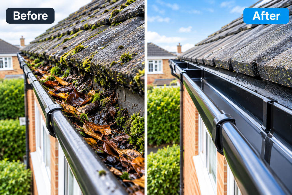 Gutter cleaning Manchester before and after showing blocked and professionally cleaned gutters.