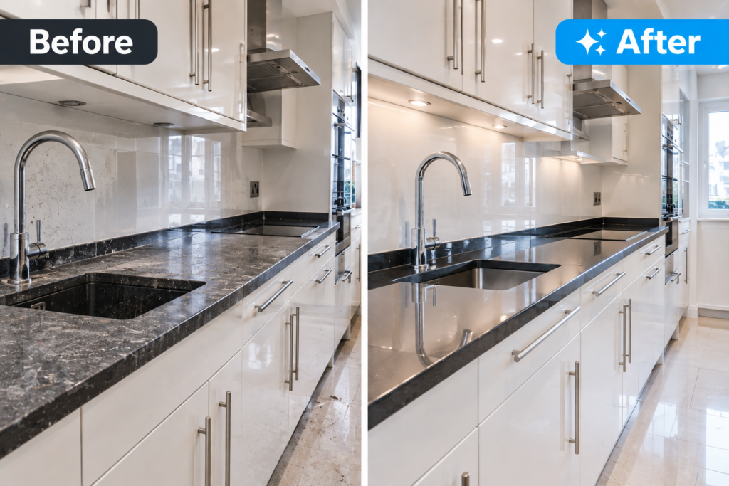 Sparkle cleaning Manchester before and after showing a spotless kitchen transformation.